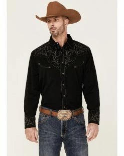 Scully Men's Longhorn Embroidered Studded Black Long Sleeve Snap Western Shirt 