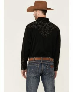 Scully Men's Longhorn Embroidered Studded Black Long Sleeve Snap Western Shirt  -Scully Shop 2000367610 001 P4