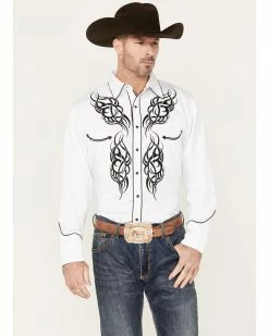 Scully Men's Embroidered Long Sleeve Snap Western Shirt White