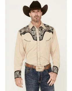 Scully Men's Floral Tooled Embroidered Long Sleeve Western Snap Shirt Tan