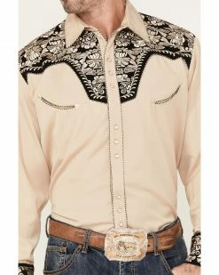 Scully Men's Floral Tooled Embroidered Long Sleeve Western Snap Shirt Tan -Scully Shop 2000377900 280 P3