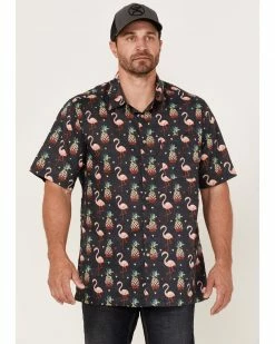 Scully Men's Pineapples & Flamingos All-Over Print Short Sleeve Button-Down Western Shirt  Black