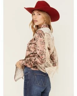 Scully Women's Satin Paisley Print Long Sleeve Fringe Western Shirt  Brown