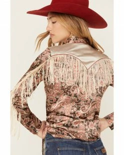 Scully Women's Satin Paisley Print Long Sleeve Fringe Western Shirt  Brown -Scully Shop 2000378306 200 P4