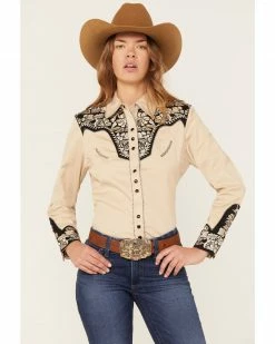 Scully Women's Floral Tooled Embroidered Long Sleeve Western Shirt Black/tan