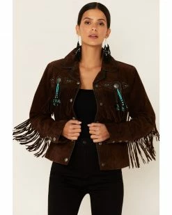 Scully Fringe & Beaded Boar Suede Leather Jacket For Women's Chamois