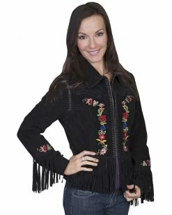 Scully Embroidered Zip-Up Suede Jacket For Women's Black