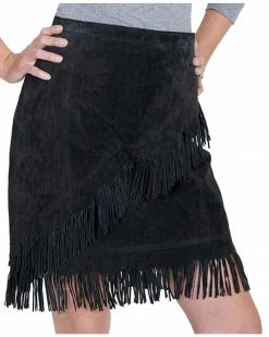 Scully Short Fringe Boar Suede Skirt For Women's Black -Scully Shop 225H73 89 P1