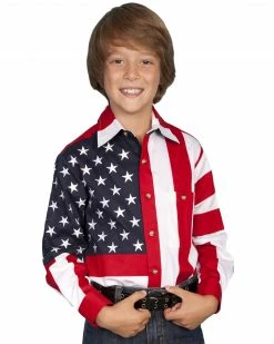 Scully Kid's Long Sleeve American Flag Shirt For Boys' Red