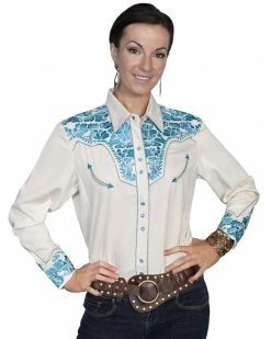 Scully Women's Floral Embroidered Long Sleeve Western Shirt Denim -Scully Shop 658137 02 P1