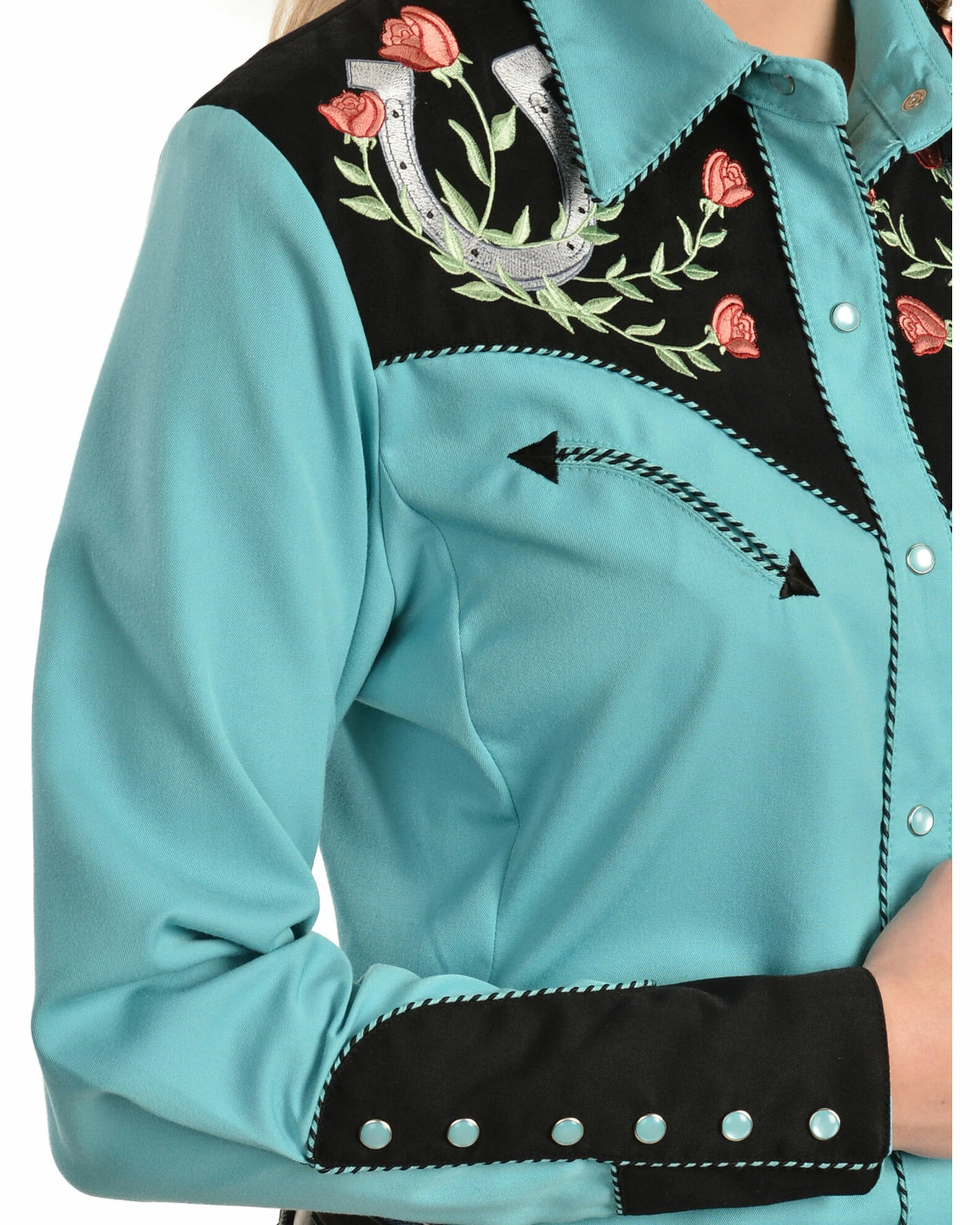 Scully Women's Horseshoe Embroidered Retro Western Shirt Turquoise 4 Scully Women's Horseshoe Embroidered Retro Western Shirt Turquoise - Image 2