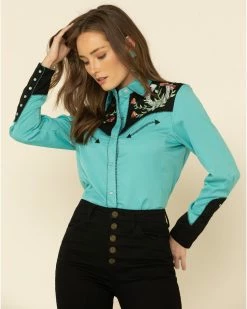 Scully Women's Horseshoe Embroidered Retro Western Shirt Turquoise