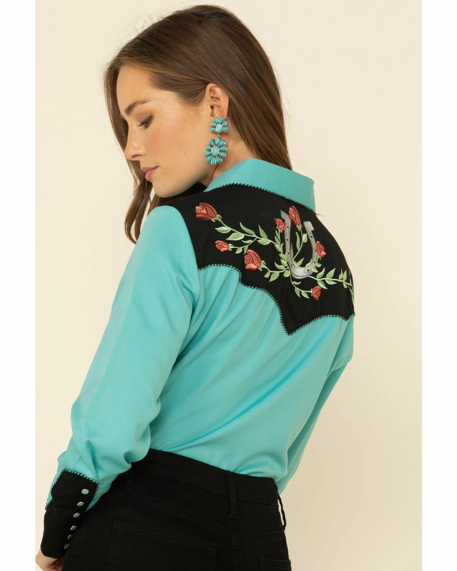 Scully Women's Horseshoe Embroidered Retro Western Shirt Turquoise 7 Scully Women's Horseshoe Embroidered Retro Western Shirt Turquoise - Image 5