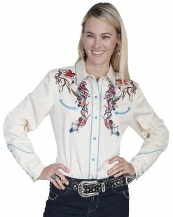 Scully Women's Colorful Horse Embroidered Long Sleeve Shirt Cream -Scully Shop 658M14 02 P1 1