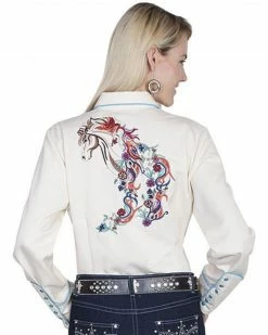 Scully Women's Colorful Horse Embroidered Long Sleeve Shirt Cream -Scully Shop 658M14 02 P2
